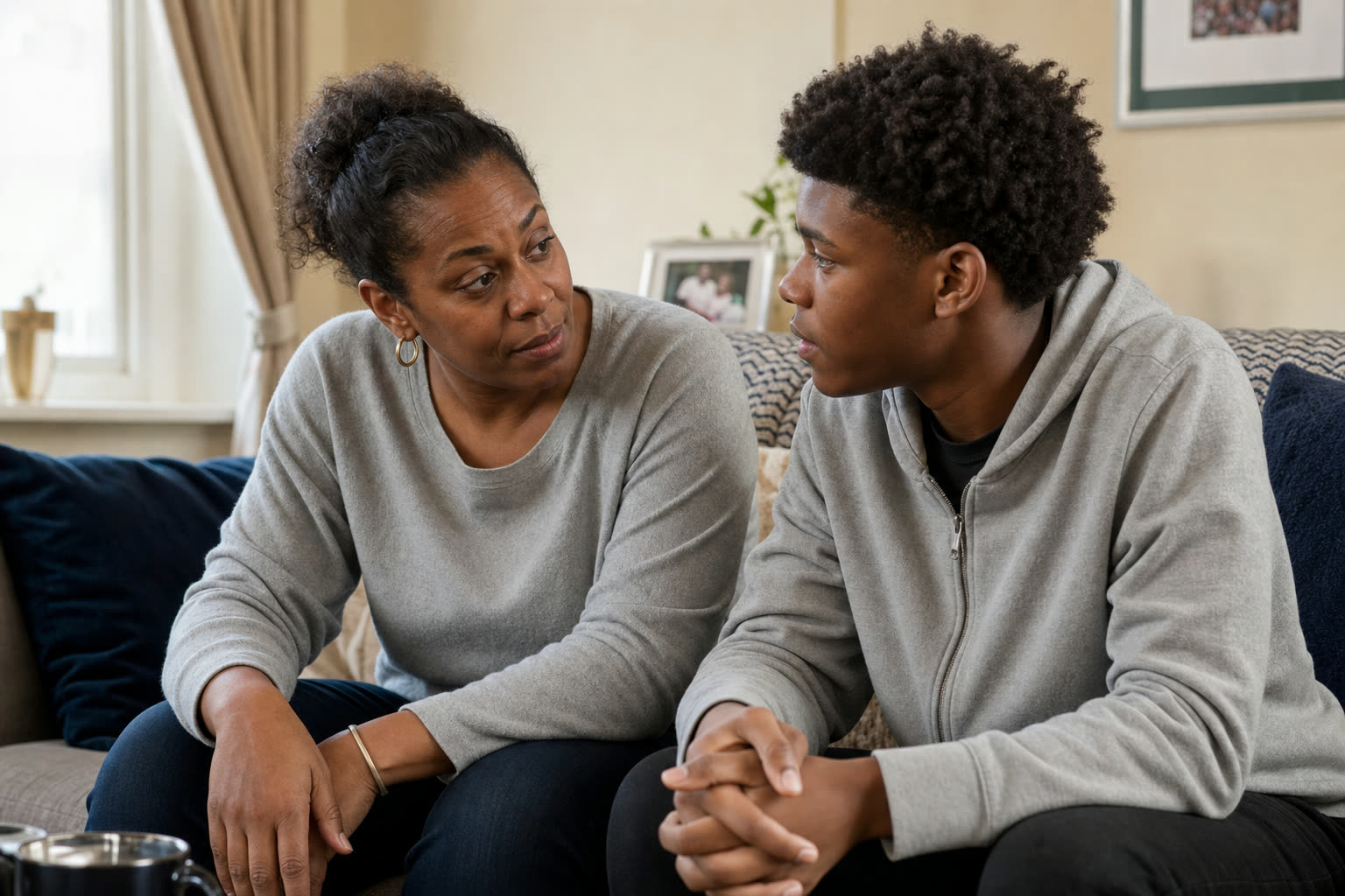 A mother and her teenage son sitting together, talking