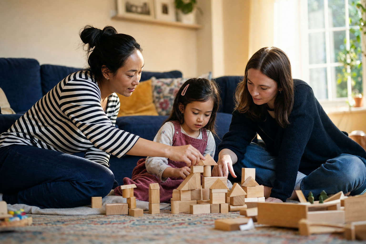 Two mothers building with wooden blocks with their young daughter