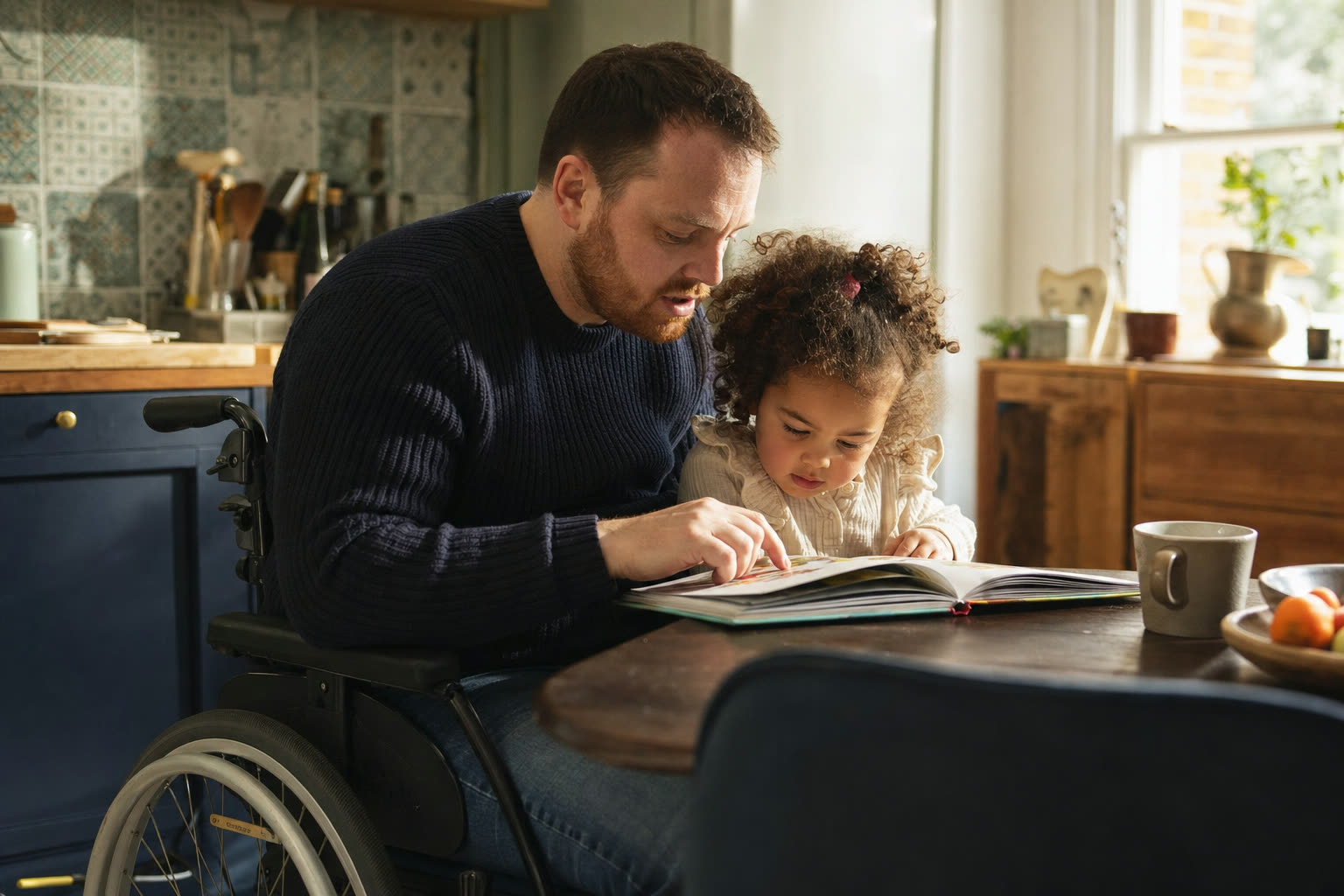 A father in a wheelchair reading a book with his daughter