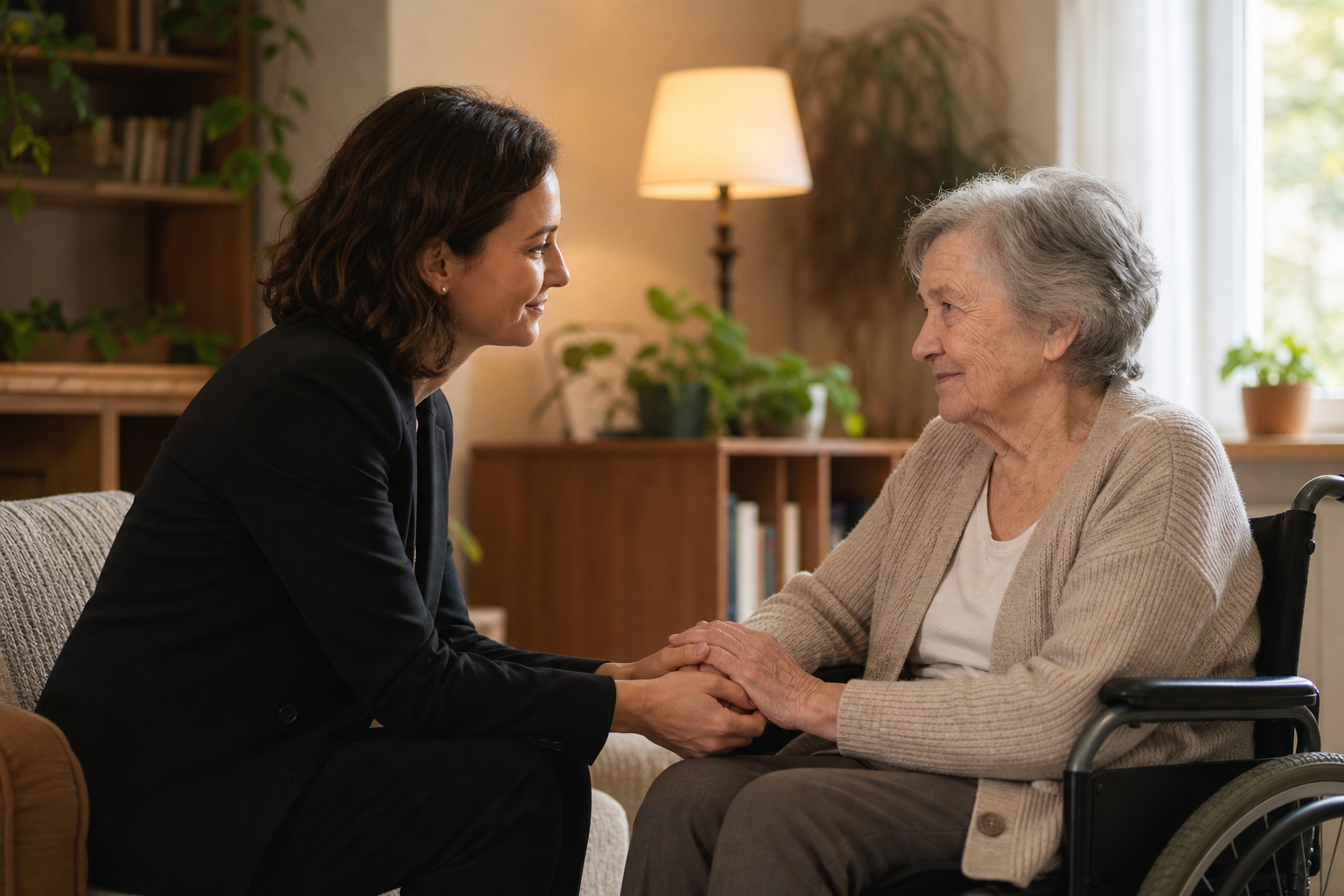 ORVIA professional providing compassionate support to elderly person in wheelchair