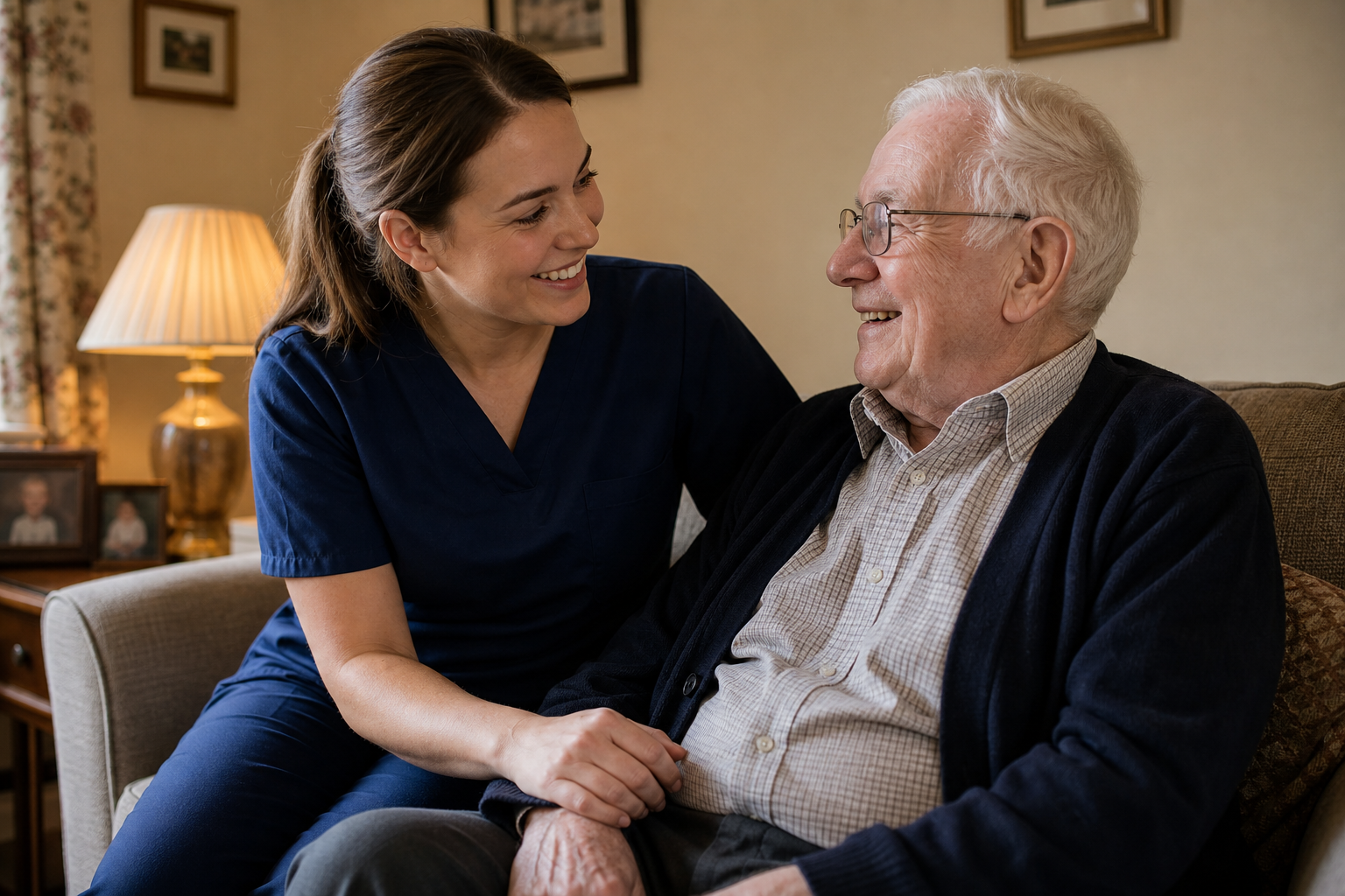 An elderly man sitting alone in a care environment while staff converse in the background, illustrating how people can be present but disconnected from meaningful engagement