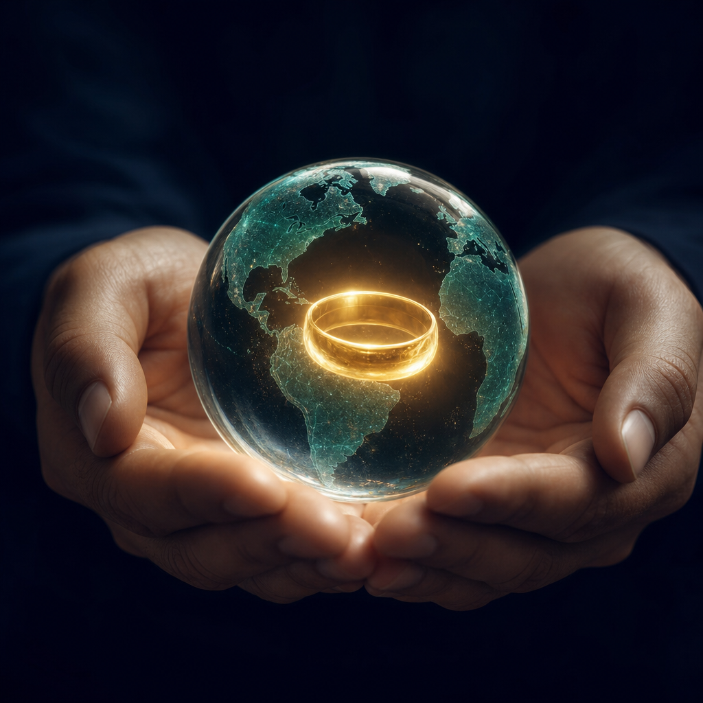 Human hands holding globe with golden ring — representing human oversight of AI