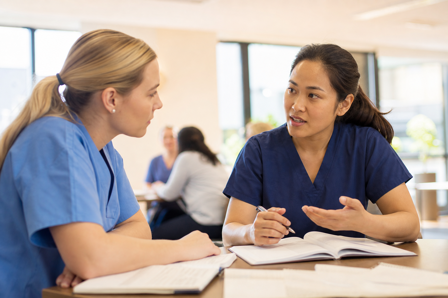 Two healthcare professionals in reflective discussion during an ORVIA Academy training session