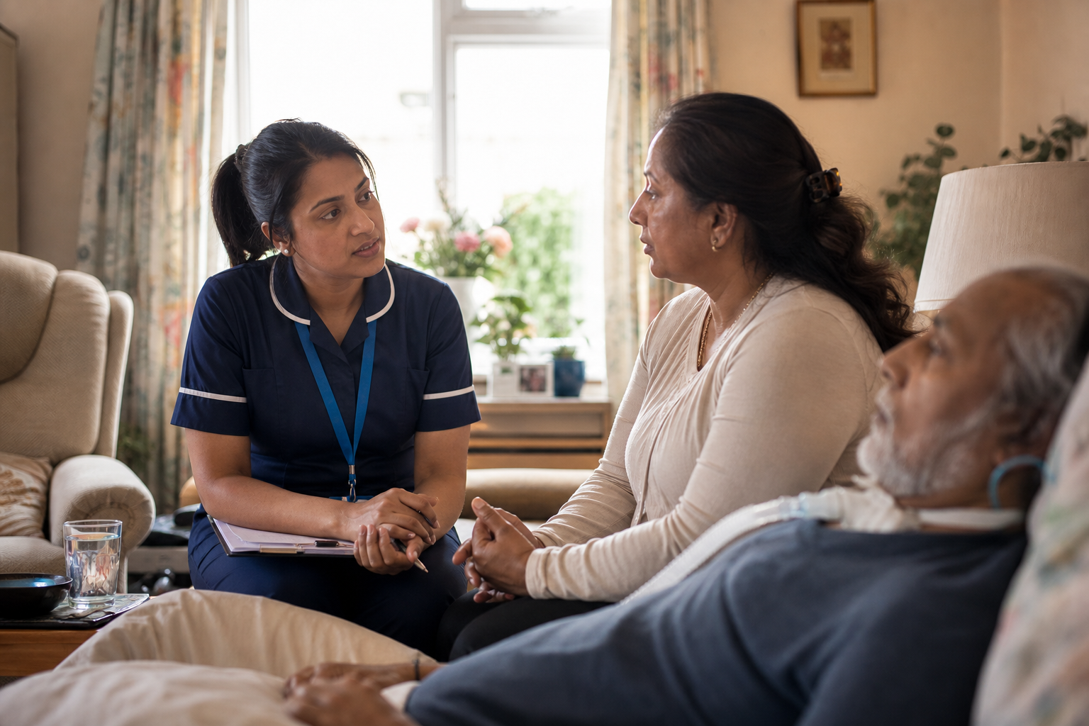 Specialist nurse and family member in thoughtful conversation about care