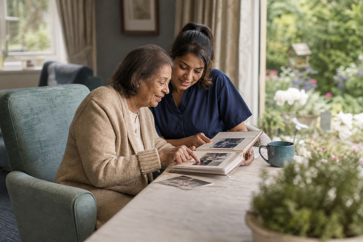Gentle dementia care — carer and resident looking at a memory book
