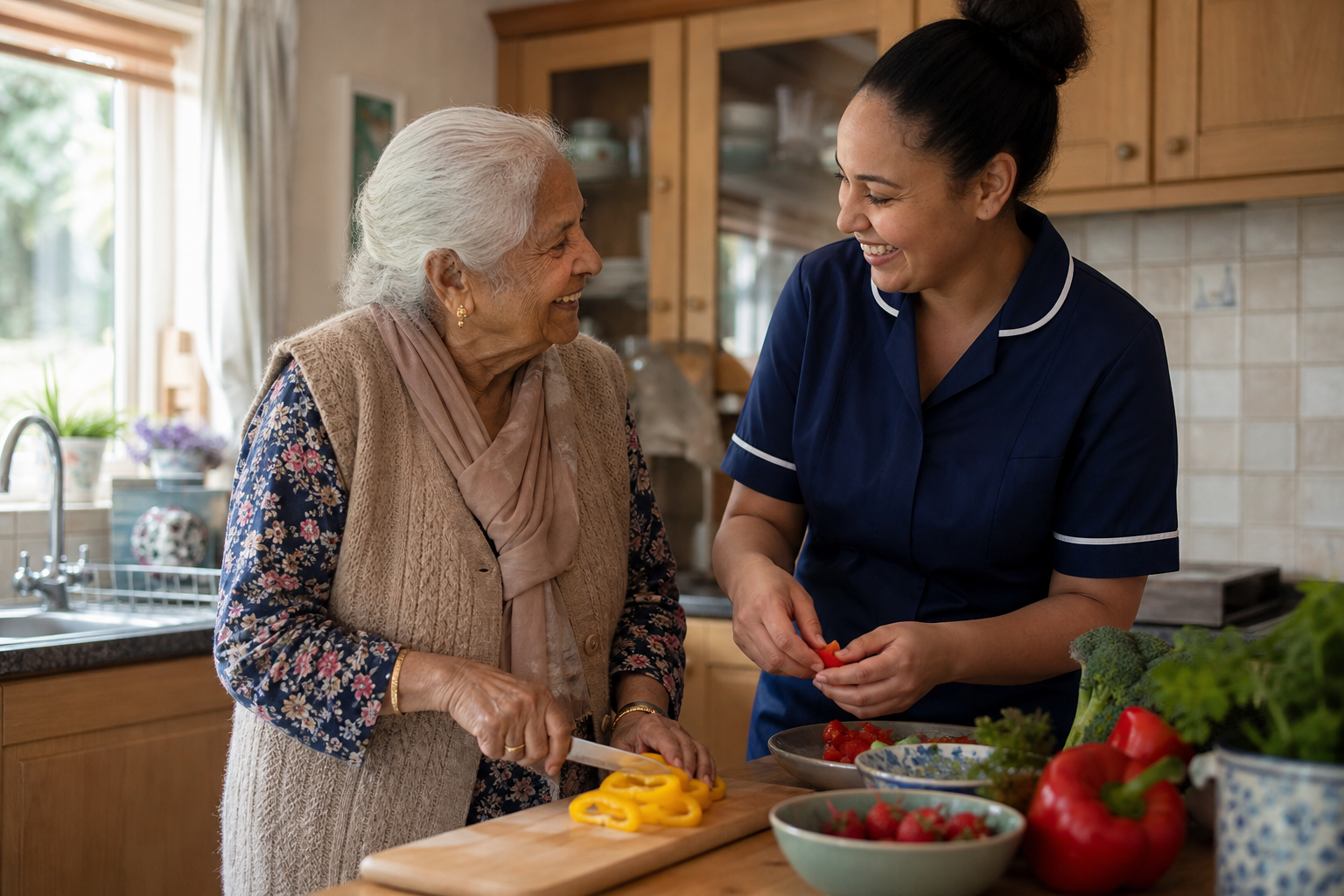 Care worker supporting an older person at home with warmth and dignity