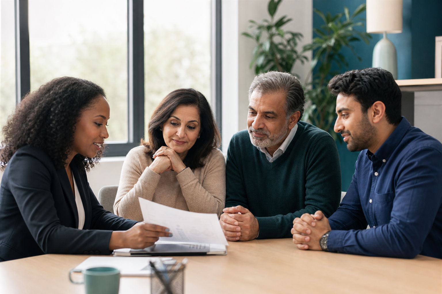 Family and professional reviewer collaborating over documents