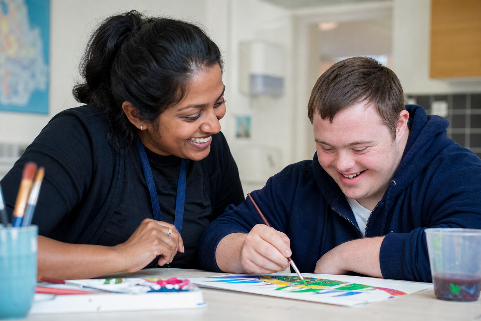 Support worker and young person enjoying an activity together