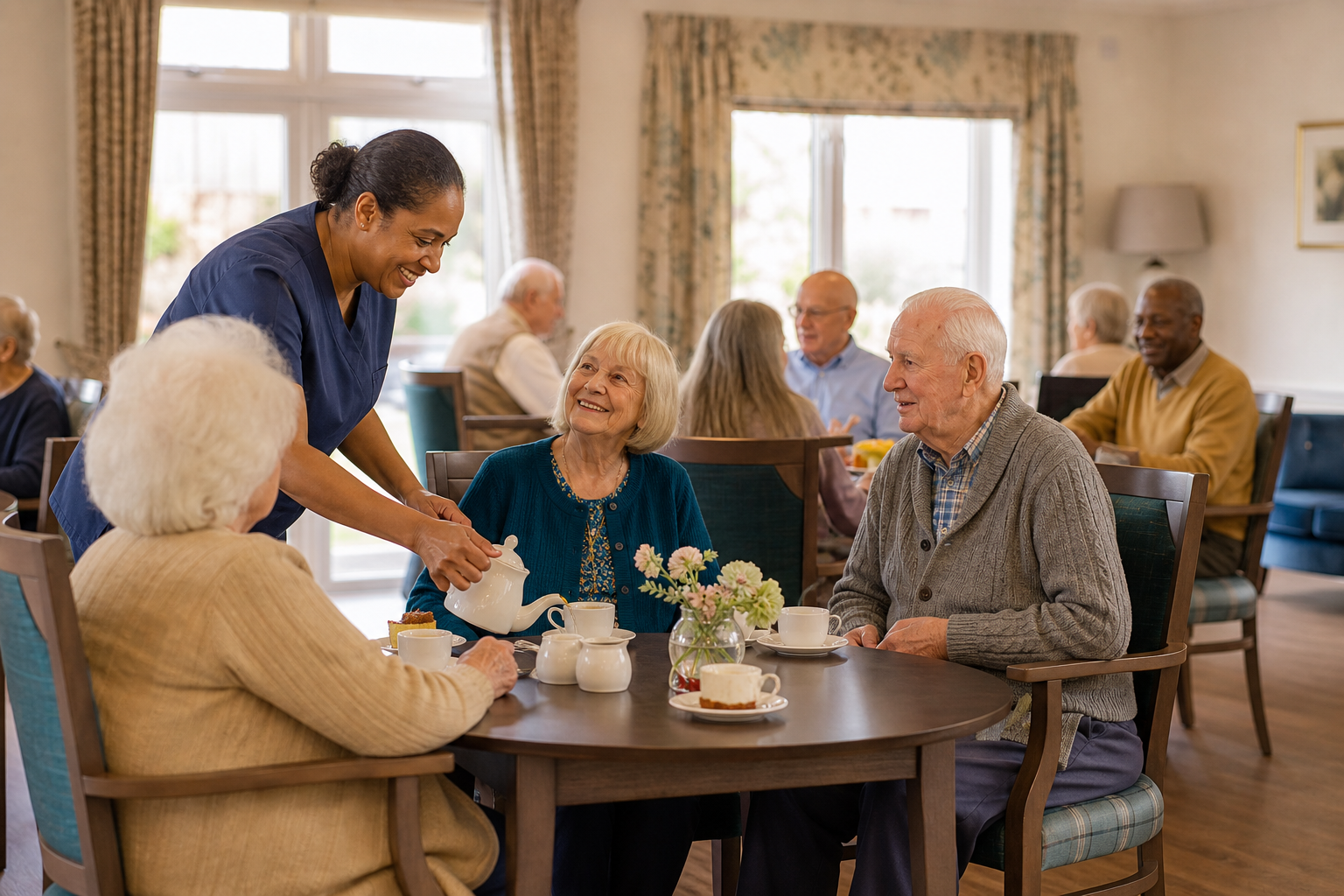 Bright communal dining area in a residential care home