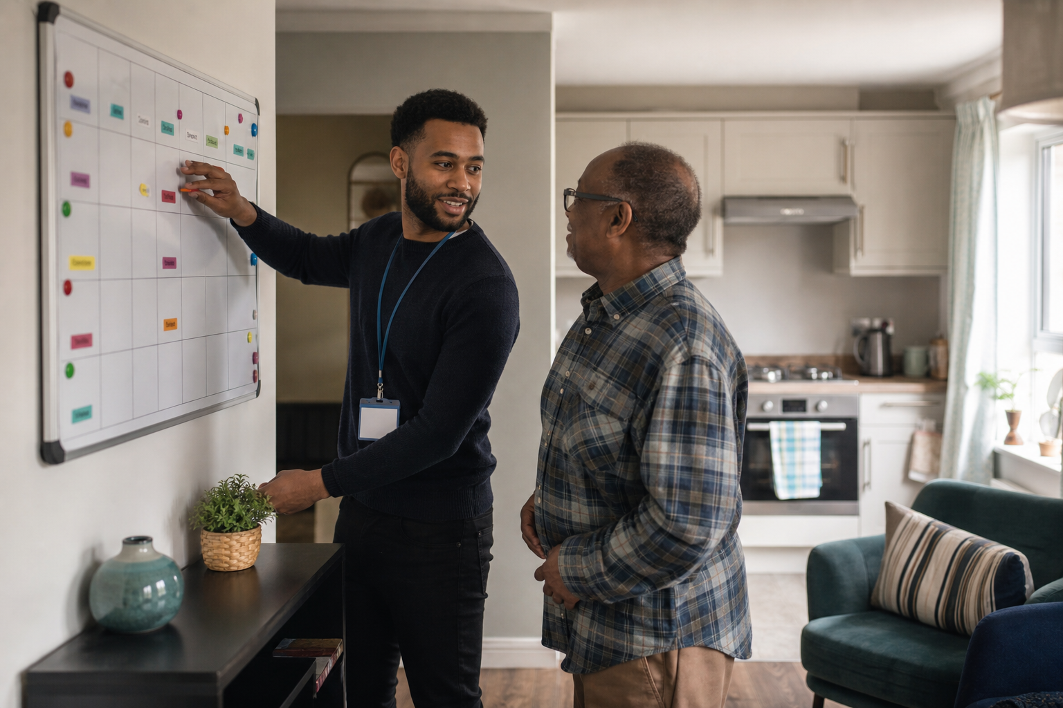 Person in their own flat with support worker planning their week