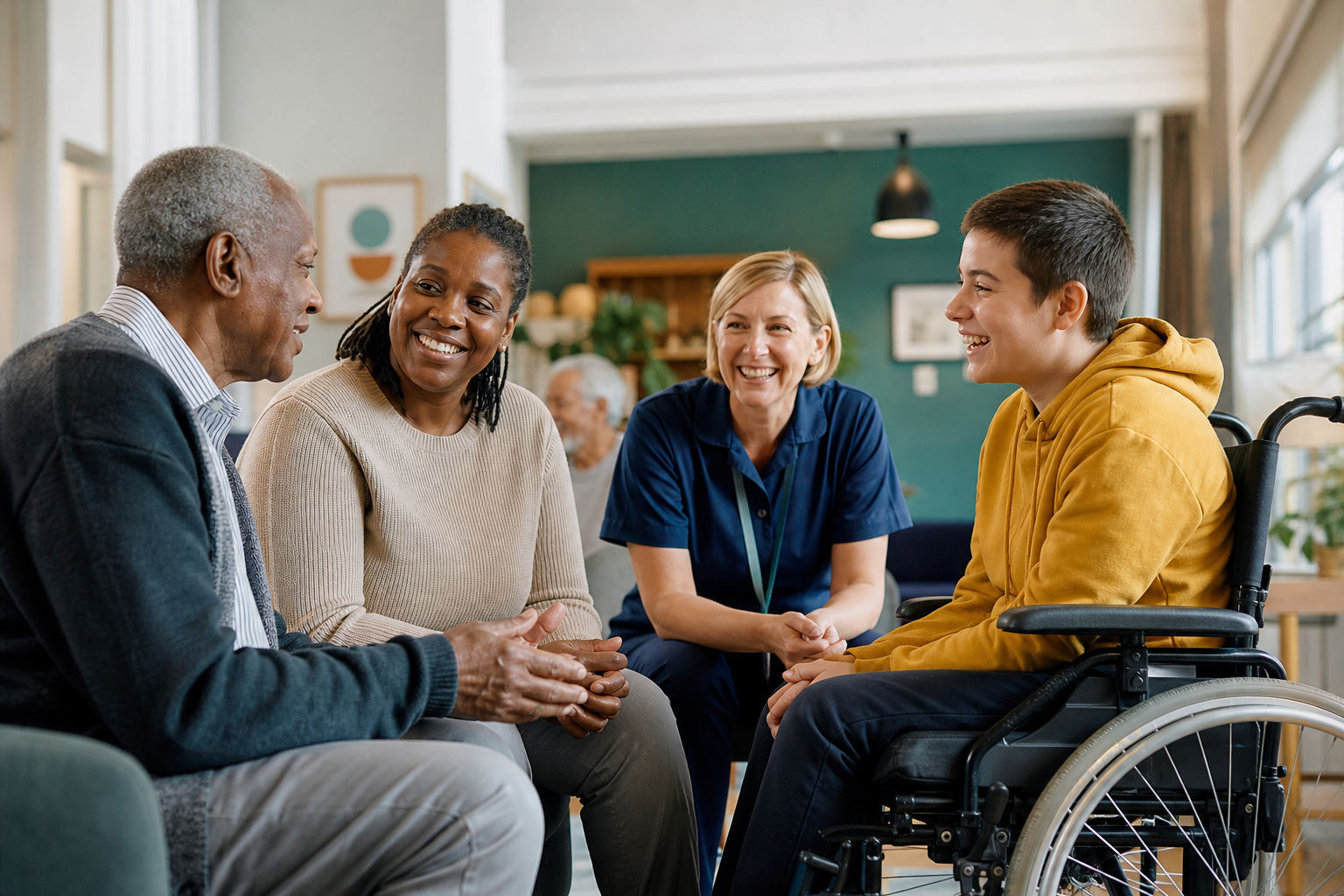 Diverse group of people in an inclusive, warm community space